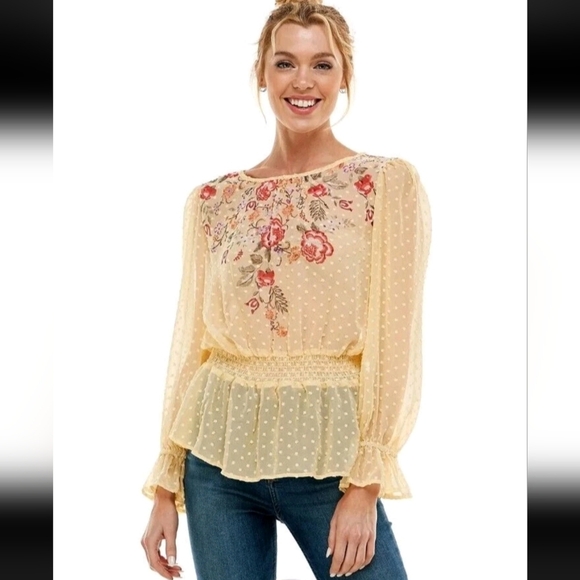 meraki Tops - Meraki Blouse Size M Floral Print Sheer Smock Waist Puff Sleeve Yellow Boho